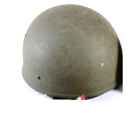 A Second World War British Mk.2 Paratrooper's Helmet, with olive green paint, the webbing chin and neck strap bearing traces 