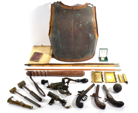 Assorted Militaria, including three antique pistols (all A/F); a Victorian costume breastplate; a cannon ball; a turned wood 