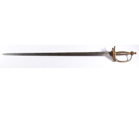 A 1796 Pattern Heavy Cavalry Sword, the 82 cm etched, double edge blade with single 39.5 cm fuller to each side, the brass st