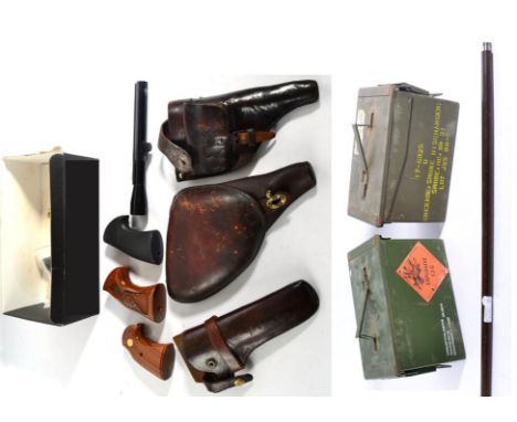 A Collection of Gun Accessories, comprising three stitched leather pistol holsters, three pistol butts, a BSA 1.5X5 scope, ea