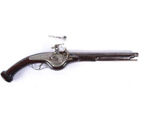 A 19th Century Indian Wheel-lock Pistol, the 35cm steel barrel inlaid with text and tendrils in brass, with plain lock plate 