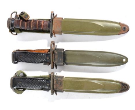 Three U.S. Bayonets, comprising M3, unmarked, ribbed leather grip, the scabbard stamped, ''U.S. M8AI PWH''; an M5A1, the cros