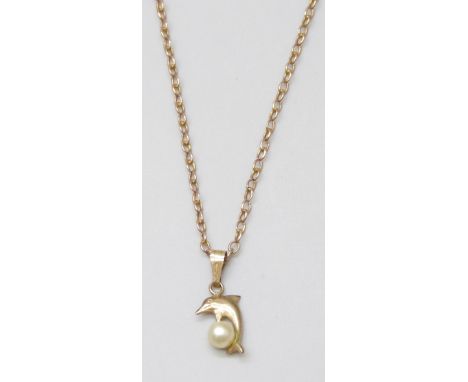 A 9ct gold chain together with a 9ct gold dolphin pendant set with a pearl, 2.4g, pendant 1.5cm, chain 45cm