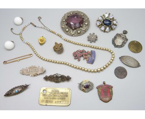 A 9ct gold bar brooch set with a pearl, 2g, a silver ID tag, three Victorian silver brooches, a silver fob, 22g total, togeth