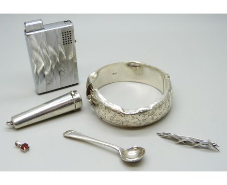 A Ronson lighter, a silver bangle (a/f), a silver cheroot holder, a silver spoon, silver brooch, etc., 49g silver weight *Thi