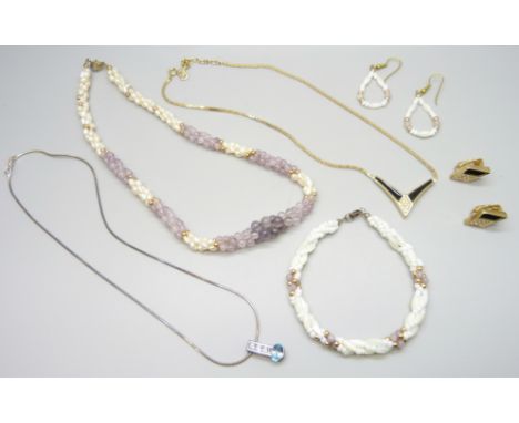 A Christian Dior necklace with matching earrings, a silver pendant and chain, a pearl and quartz necklace with similar bracel