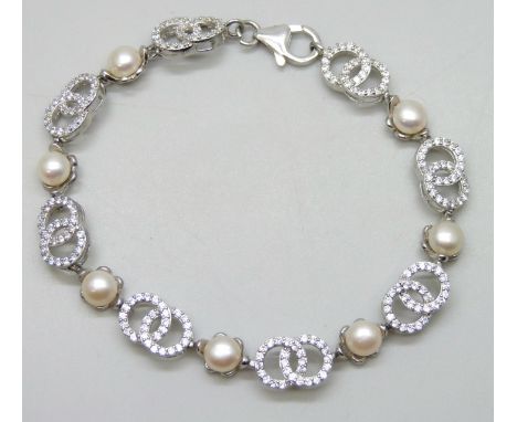 A silver, pearl and stone set bracelet, 12.8g, 20cm