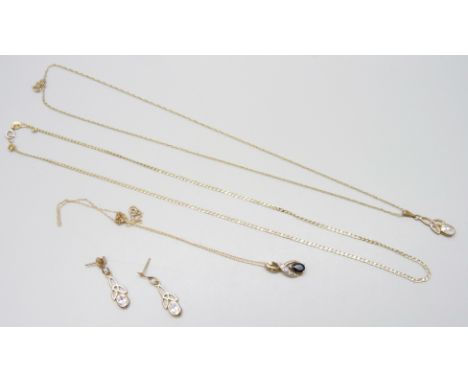A 9ct gold fine curb chain, 1.2g, a 9ct gold pendant on a 9ct gold chain, 1.2g, together with a pair of yellow metal Celtic d