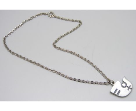 A vintage signed Jørgen Jensen Denmark pewter dove pendant and chain 