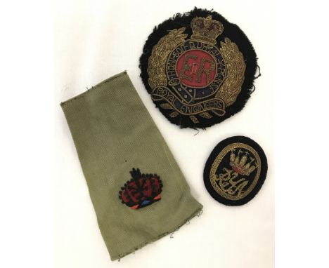 A Royal Engineers bullion embroidered badge.Together with a RYA bullion embroidered badge and a Army Major embroidered epaule