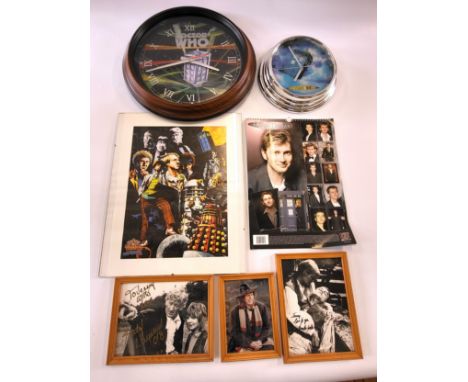 Two Dr Who clocks (one with a wooden frame, the other with a chrome frame), A David Tennant calendar, Dr Who 30th Anniversary