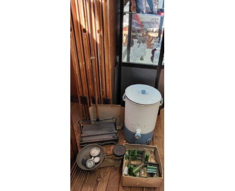 Vintage 'Eubank Success' carpet sweeper, A 'Baby Burco' water heater, a set of vintage weighing scales and weights and a vint
