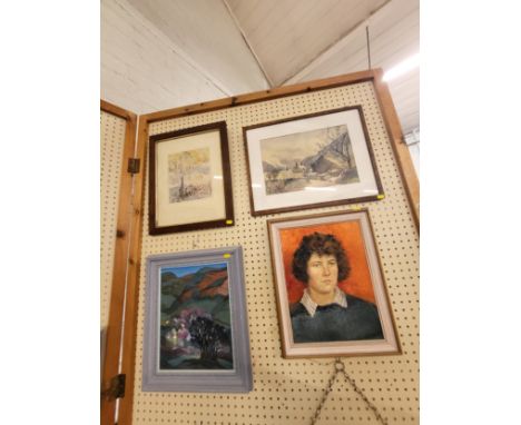 A collection of four works of art to include a busy street scene in Watercolour, unsigned. Framed and glazed. 50cm x 40cm.A r