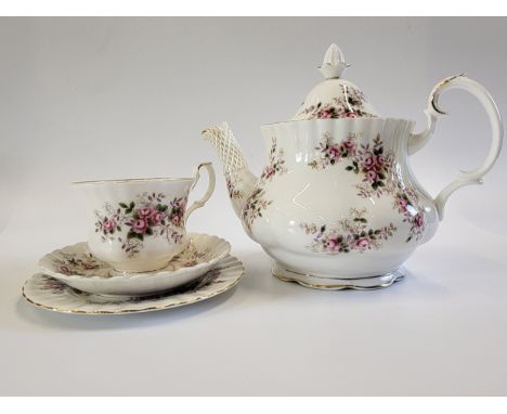 Royal Albert Lavender Rose tea service including teapot, cups, saucers, cake plates, pepper pot bowls and egg cups, and six o