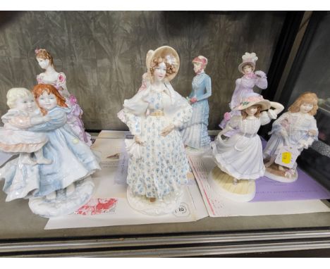 Eight Royal Worcester figures including Lullaby, Love, and Splendour at Court. Seven with brochures. (8)All in excellent cond