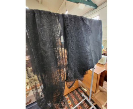 Victorian black lace mourning wear comprising of a black shawl/scarf, a black lace scarf and a lined black skirt, all excepti