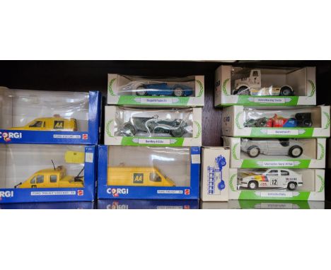 Three Corgi A.A.Vehicles, six Mobil Series racing vehicles and Bedford B.O.A.C bus in boxes. (10) 