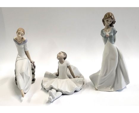 Nao seated dancer and two ladies with boxes. (3)One figure has had repair to their clasped hands behind their back