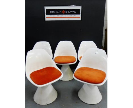 A set of five Arkana white 'Mushroom' chairs each with an orange velvet cushion, impressed to base Arkana Bath GB, Patent No 