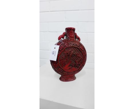 Chinese Cinnabar moon flask carved with bird on a branch pattern, inscribed with four charachter marks to the base,  27cm hig