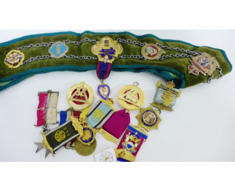 A collection of gilt metal and enamel Order of Buffalo medals and badges together with a velvet neck sash complete with chain