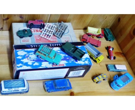 A carton containing a collection of vintage die cast cars and other vehicles (playworn) etc., (a lot) 