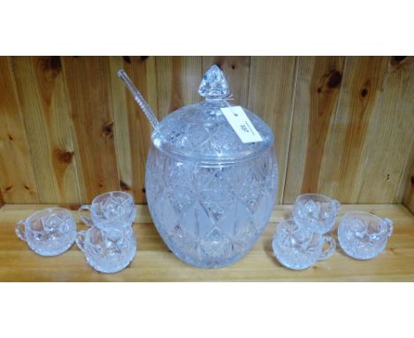 A crystal punch bowl complete with domed top cover, ladle and ten cups (14) 