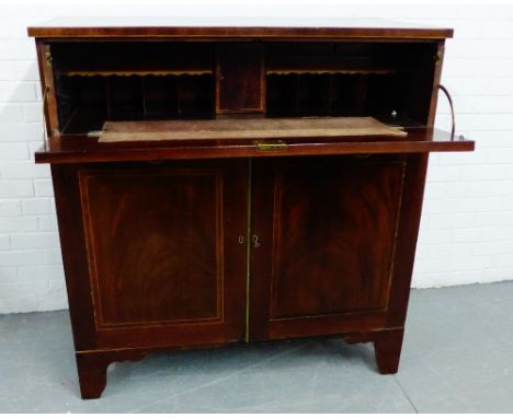 A mahogany secretaire cabinet, with a fall front over two cupboards to the base, raised on bracket supports, , 120 x 115cm