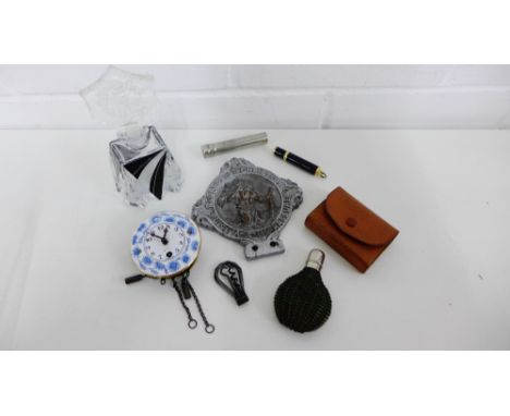 A mixed lot to include a motorcycle St Christopher mascot, miniature corkscrew, miniature playing cards, two scent bottles, i