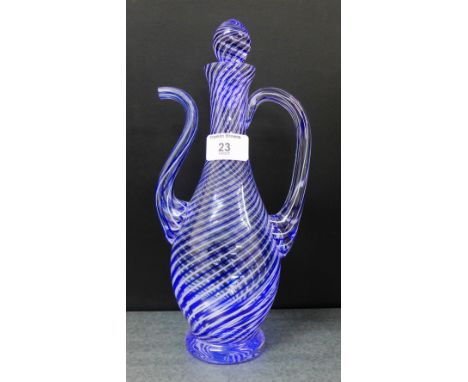 A Nailsea style blue and white glass decanter and stopper, 28cm high