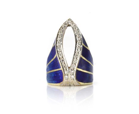 An abstract design enamel and diamond dress ring,  the openwork ring head with an applied arched line of single cut diamonds 