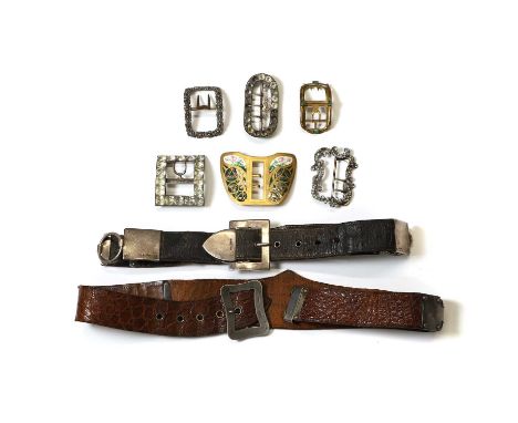 Two silver and leather belts and a group antique buckles, a brown leather belt with silver fittings and buckle, to a gilt met