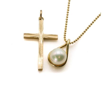 An 18ct gold cultured pearl pendant and a 9ct gold cross pendant, with a cultured pearl, untested, cup set to a round wire mo