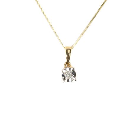 A diamond solitaire pendant, a round brilliant cut diamond, illusion set in white to a yellow under bezel, with a tapered art