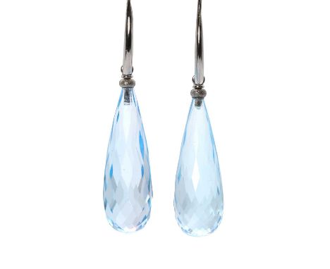 A pair of 18ct white gold topaz drop earrings,  each with a briolette cut topaz drop, 29mm x 10mm, suspended by a tapered hoo