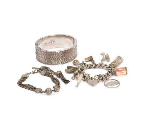 A small group of silver jewellery, a silver Albertina watch chain, an engraved sphere, to foxtail link and rope link chains, 