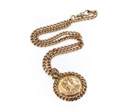 A 9ct gold St Christopher pendant, a solid circular St Christoper pendant, with a fixed curb link surround, to a double jump 