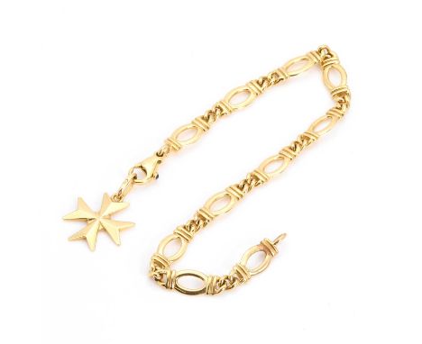 A French gold bracelet and a Maltese cross charm, with oval links, alternating to curb links, into a side lever clasp set wit