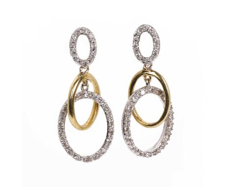 A pair of 18ct two colour gold diamond drop earrings, with articulated oval hoops alternating in yellow and white, grain set 