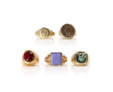 A group of five signet rings, a synthetic ruby ring, stamped 750, tested as approximately 18ct gold, a 9ct gold signet ring, 