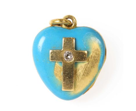 A Victorian heart-shaped mourning locket, with central Latin cross motif set with an old cut diamond, over a turquoise enamel