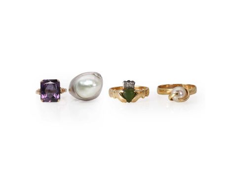 A group of four pearl and gemstone rings,  a white gold cultured pearl and diamond ring,  pearl untested, with a brushed fini