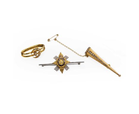 A small group of antique and later jewellery, to include a gold split pearl scarf buckle, with a central crescent moon and st