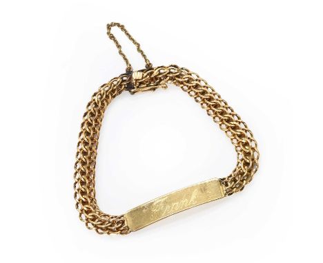 A fancy link identity bracelet, with two interlinked rows of fancy links, to a curved flat bar engraved 'Frank', and 'A.N.V 2