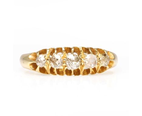 An Edwardian 18ct gold five stone diamond ring,  with a graduated line of old cut diamonds, one stone showing substantial wea