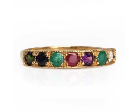 A vari-coloured gemstone 'Dearest' ring,  with a round cut diamond, emerald, amethyst, ruby, emerald, sapphire, tourmaline, a