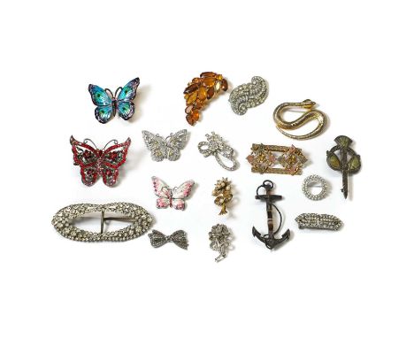 A group of antique and later silver and costume jewellery, to include a banded agate anchor brooch, tested as silver, a base 