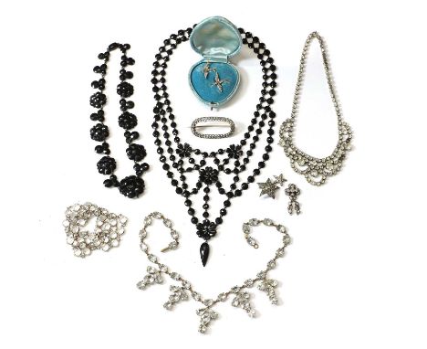 A collection of antique silver and costume jewellery, a gold and steel paste brooch, with round cut clear paste set to a stee