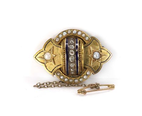 A Victorian diamond and enamel brooch, c.1860, with a central arch of graduated old European and old Swiss cut diamonds, all 