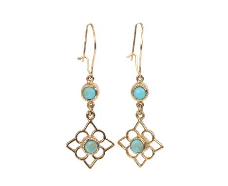 A pair of 9ct gold turquoise drop earrings, each designed as an openwork panel with a central collet set cabochon turquoise, 